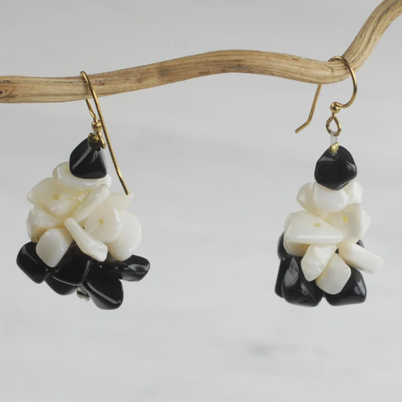 Exclusive Gemstone Jewelry Markdowns – Shop Now Magical Monochrome Black and Off-White Agate Cluster Earrings Handmade in Ghana