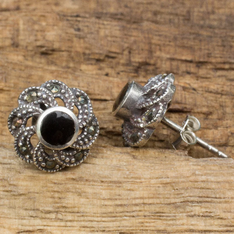 Don't Miss These Dazzling Jewelry Discounts Midnight Blooms Sterling Silver Vintage Earrings with Onyx and Marcasite