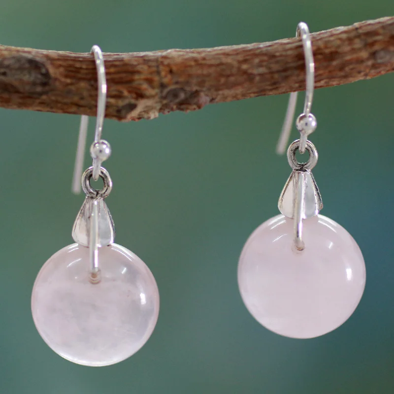 Handmade Pearl Jewelry For Timeless Elegance Moon of Romance Rose Quartz Sphere Earrings India Artisan Jewelry