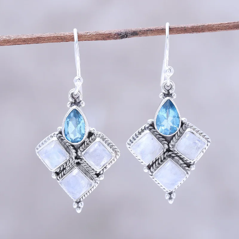 Everyday Jewelry Essentials Now On Sale Morning Delight Rainbow Moonstone and Faceted Blue Topaz Earrings from India