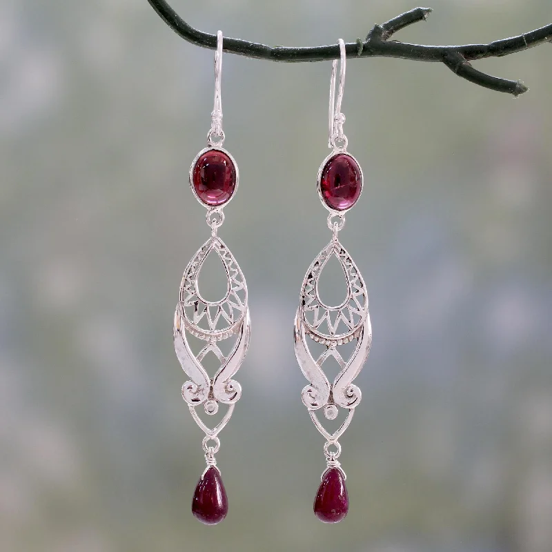 Premium Diamond Jewelry For Unforgettable Moments Mughal Mystery Long Ruby and Garnet Earrings in Sterling Silver from India