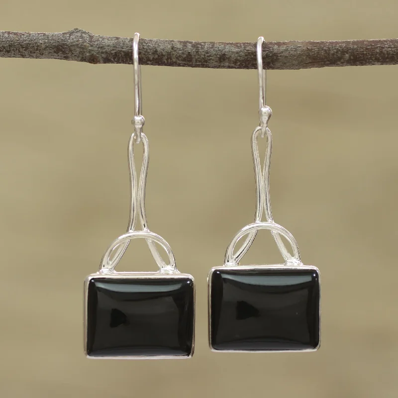 Don't Miss Out On Jaw-Dropping Jewelry Discounts Mystical Gaze in Black Black Onyx Rectangular Dangle Earrings from India