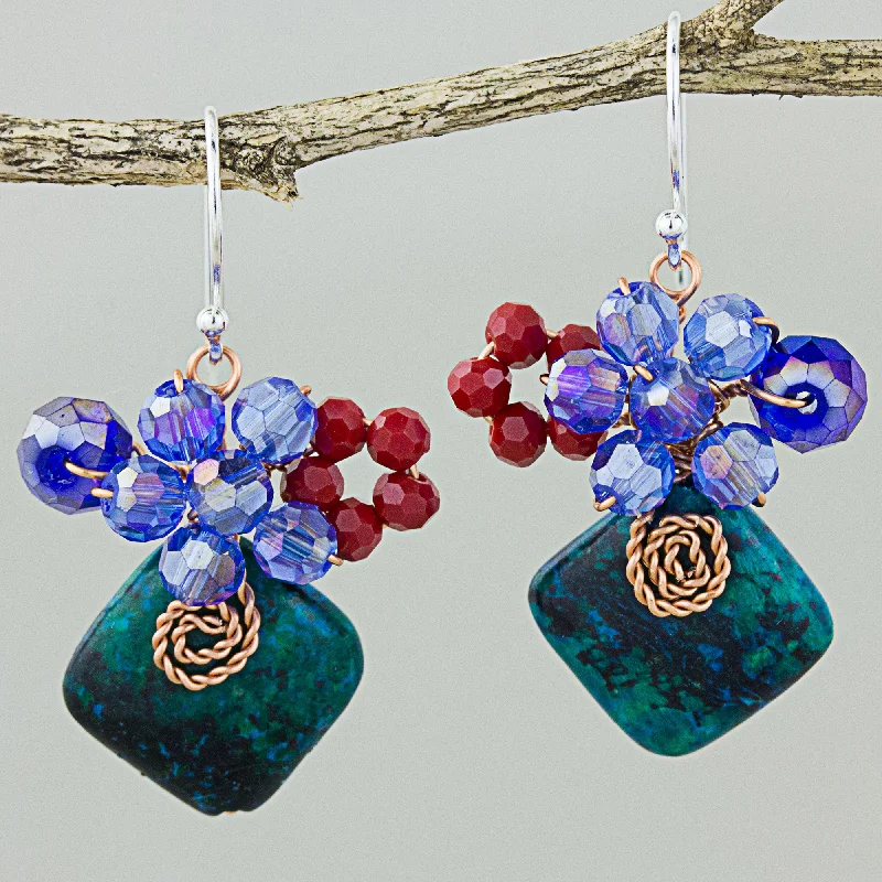 Premium Jewelry Now Available At Special Discounts Natural Beauty in Teal Square Serpentine and Glass Bead Dangle Earrings with Copper