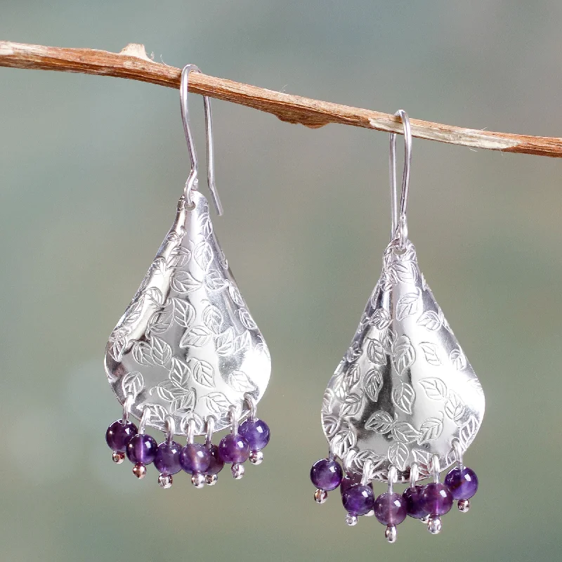 Jewelry Clearance Sale – Final Reductions Purple Autumn Amethyst and Embossed Leaves on Sterling Silver Earrings