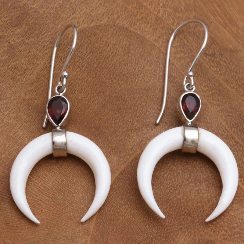 Discounted Jewelry For A Glamorous Look Sanur Crescents Garnet and Crescent Bone Dangle Earrings from Bali