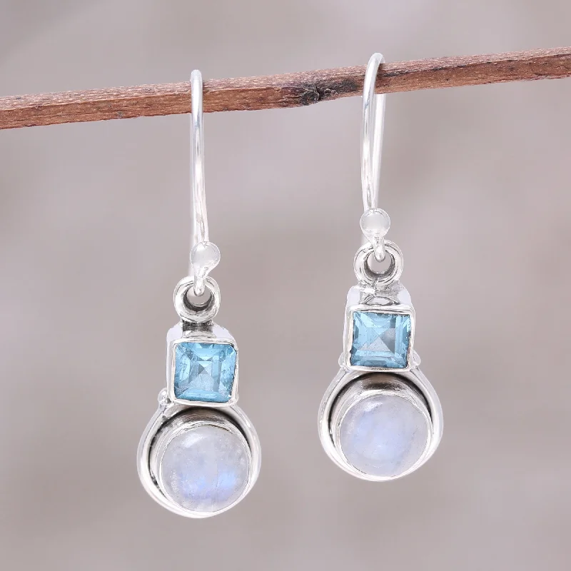 Chic And Stylish Jewelry At Discounted Prices Sky Glimmer Blue Topaz and Rainbow Moonstone Dangle Earrings from India