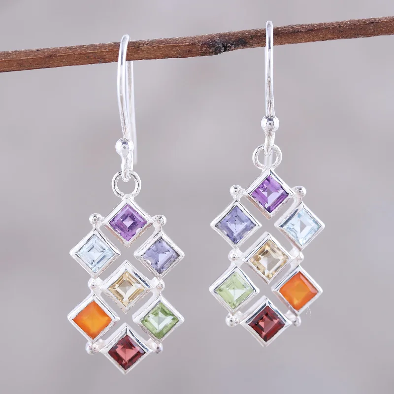 Waterproof Stainless Steel Jewelry For Lasting Beauty Wellness Multi-Gemstone Chakra Dangle Earrings from India