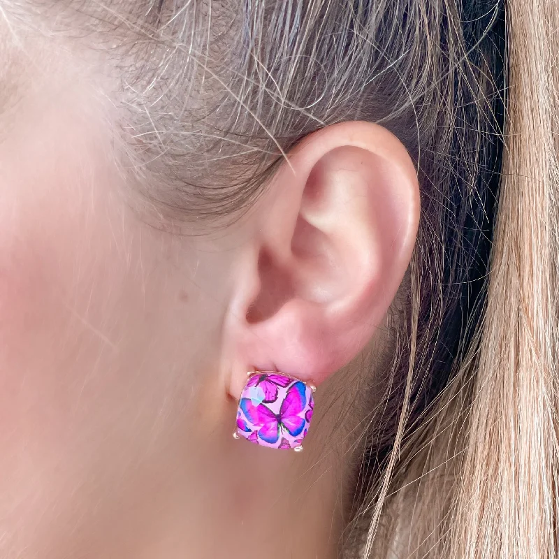 Elevate Your Outfit With Discounted Statement Jewelry Butterfly Glass Stud Earrings - Fuchsia