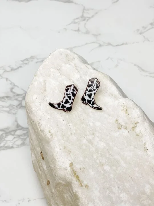 Classic And Modern Jewelry Styles On Sale Cow Print Cowboy Boot Acrylic Stud Earrings - Black