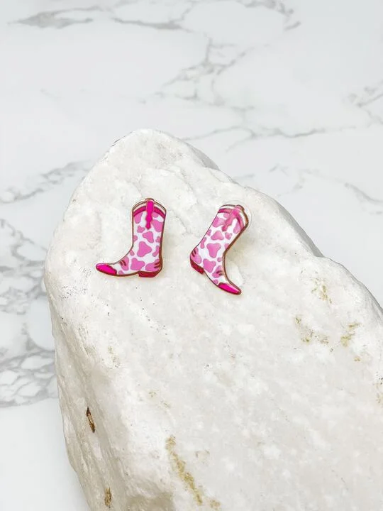 Exclusive Jewelry Markdowns – Limited-Time Offer Cow Print Cowboy Boot Acrylic Stud Earrings - Pink