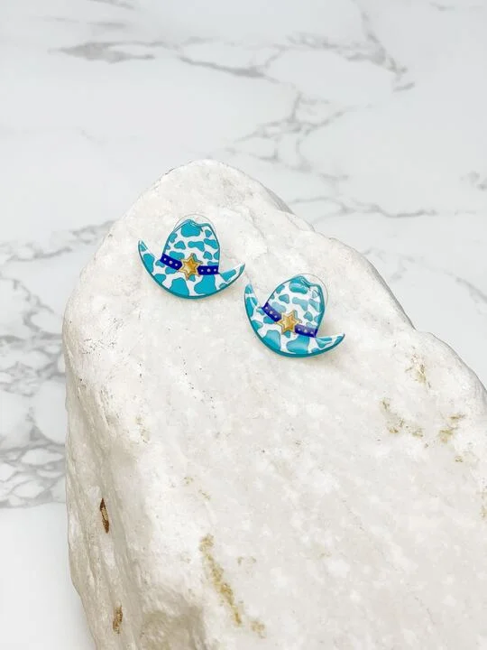 High-End Sparkle, Low-End Prices – Jewelry Sale Live Cow Print Cowboy Hat Stud Earrings - Blue