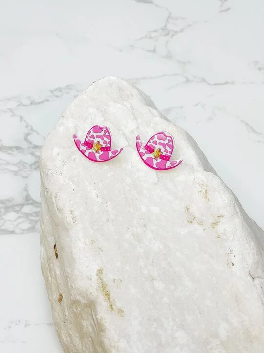 Stunning Jewelry At Even More Stunning Prices Cow Print Cowboy Hat Stud Earrings - Pink