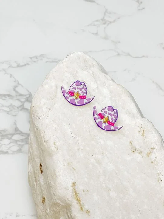 The Ultimate Jewelry Sale – Shop Premium Styles Cow Print Cowboy Hat Stud Earrings - Purple