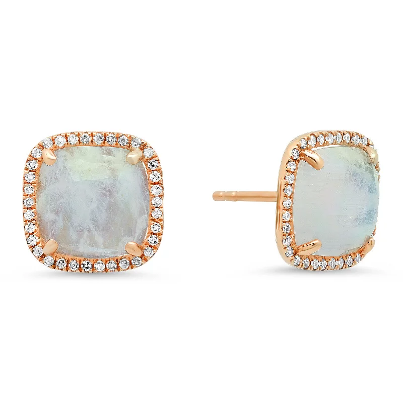 Make Every Moment Shine – Jewelry Discounts Available Cushion Cut Moonstone Stud Earrings With Diamond Halo