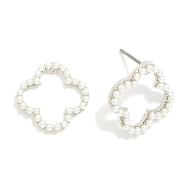 Premium Jewelry Now Available At Special Discounts Pearl Studded Hollow Clover Stud Earrings - Silver