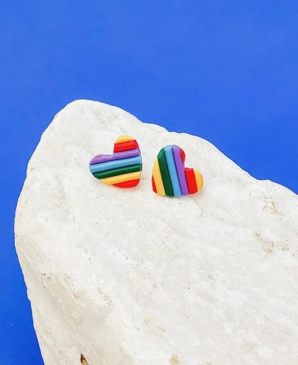 Premium Diamond Jewelry At Once-In-A-Lifetime Discounts Striped Clay Heart Stud Earrings - Rainbow