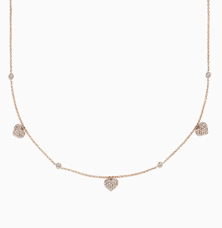 Novelty 14K Rose Gold Diamond Hearts Station Necklace, 0.45 TCW