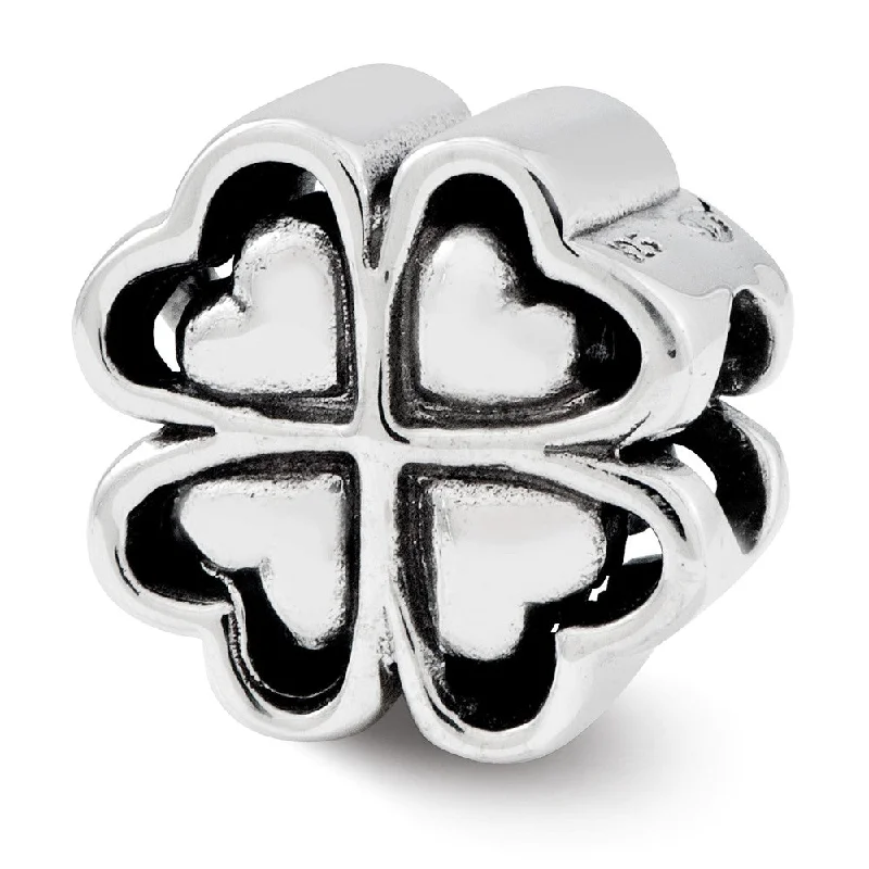 Four Leaf Heart Clover Bead Charm in Antiqued Sterling Silver