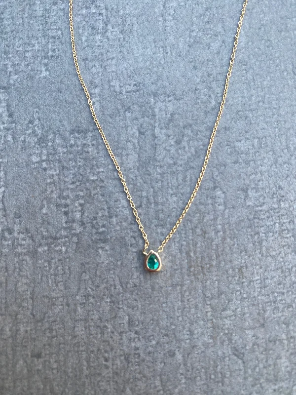 14k Gold Necklace with Emerald Teardrop Solitaire