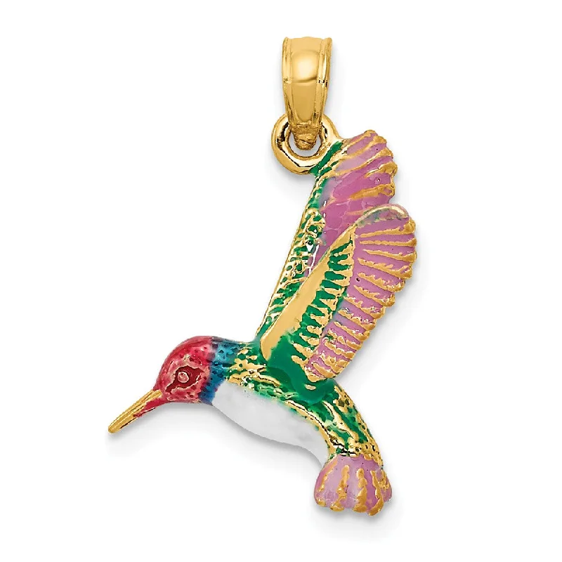 14k Yellow Gold 3D Enameled Hummingbird