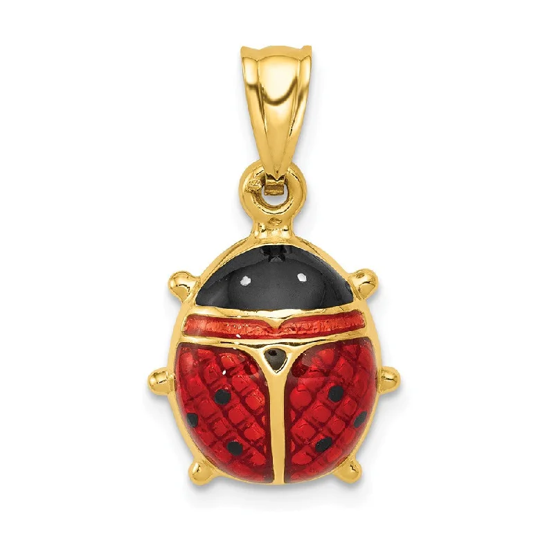 14k Yellow Gold 3D Red Enameled Ladybug Pendant, 15mm