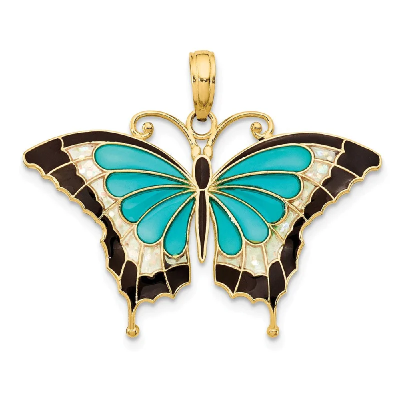 14k Yellow Gold & Aqua Translucent Acrylic Butterfly Pendant, 30mm