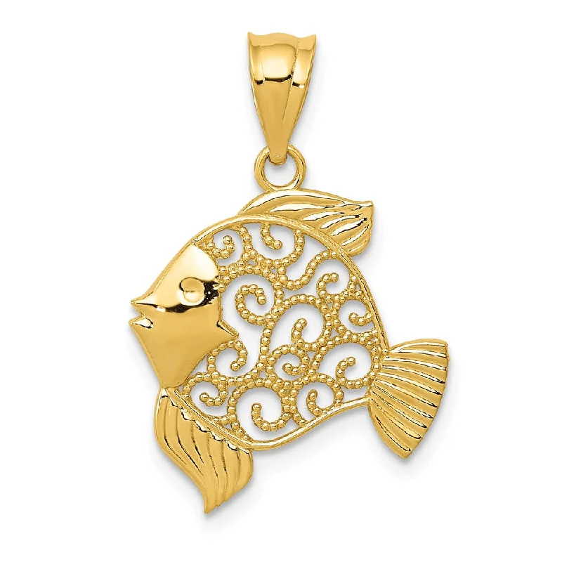 14k Yellow Gold Filigree Fish Pendant, 17mm