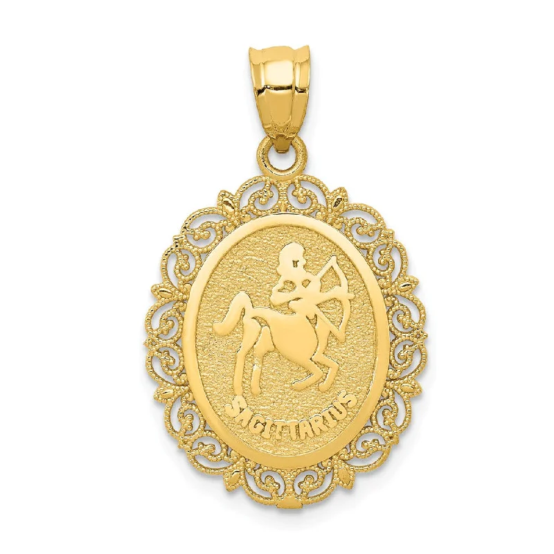 14k Yellow Gold Filigree Oval Sagittarius the Archer Pendant, 20mm