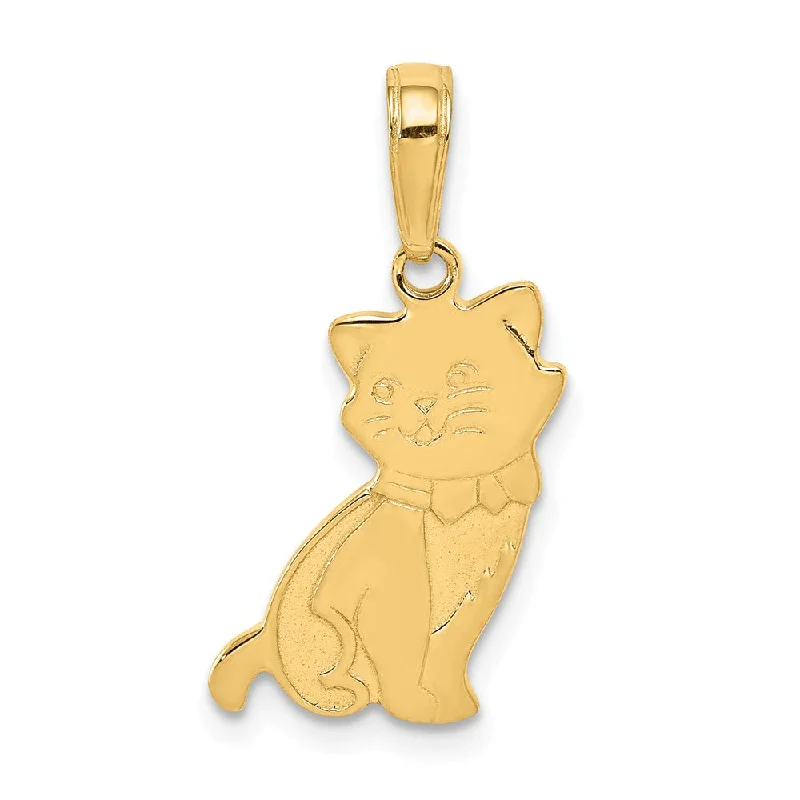 14k Yellow Gold Flat Sitting Kitten with Bow Tie Pendant