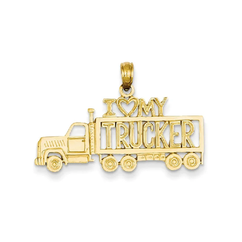 14k Yellow Gold I Heart My Trucker Semi Truck Pendant