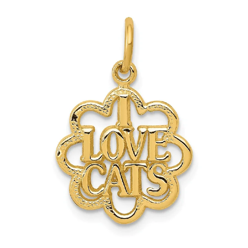 14k Yellow Gold I love Cats Scalloped Edge Charm or Pendant