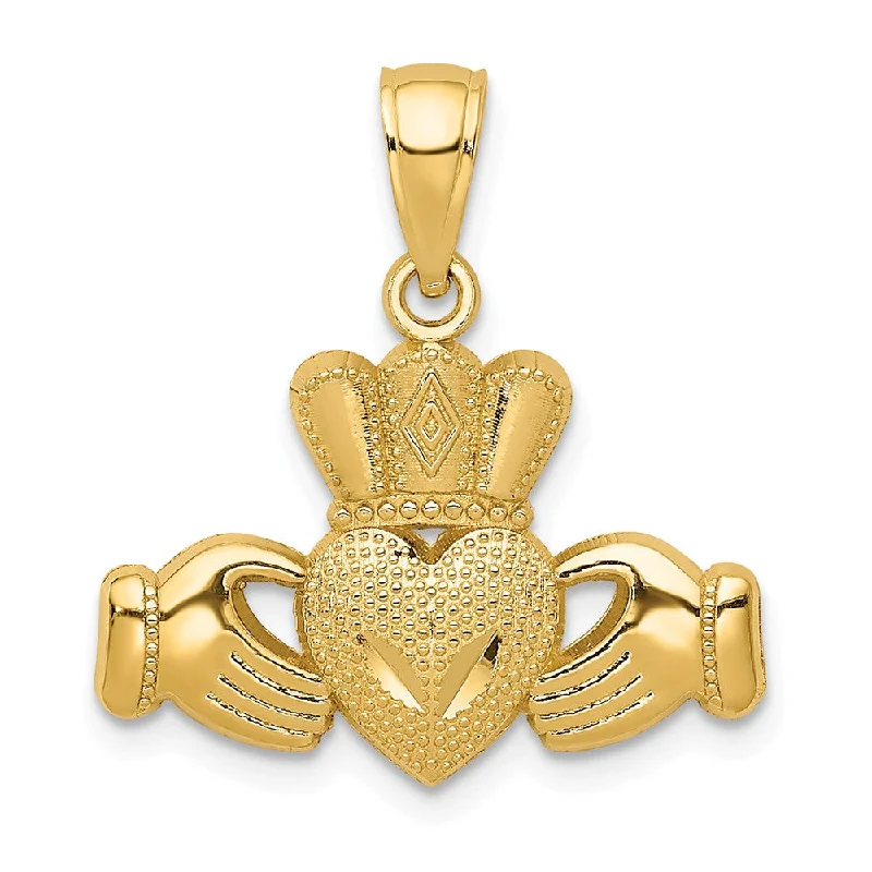 14k Yellow Gold Polished & Textured Claddagh Pendant