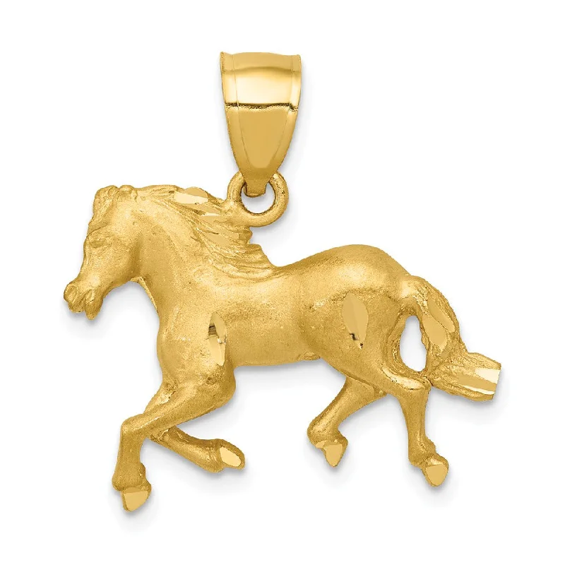 14k Yellow Gold Satin and Diamond Cut Horse Pendant, 22mm