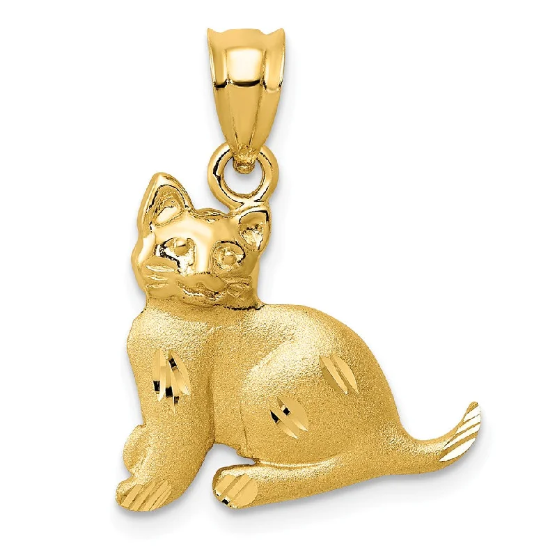 14k Yellow Gold Satin and Polished, Diamond Cut Cat Pendant