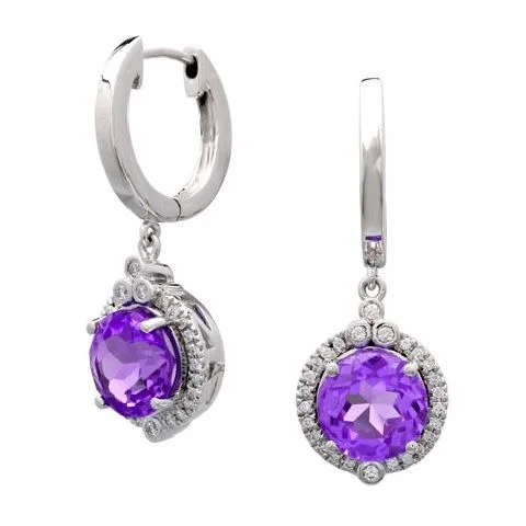 Amethyst & Diamond Round Dangle Earrings In 14k White Gold (8mm, Vs)