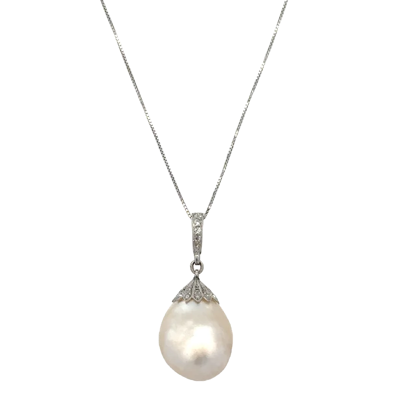 Baroque Pearl and Diamond Pendant in White Gold