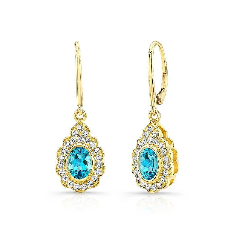 Blue Topaz And Diamond Oval Bezel Earrings With Teardrop Scallop Frame In 14k Yellow Gold (7x5mm)