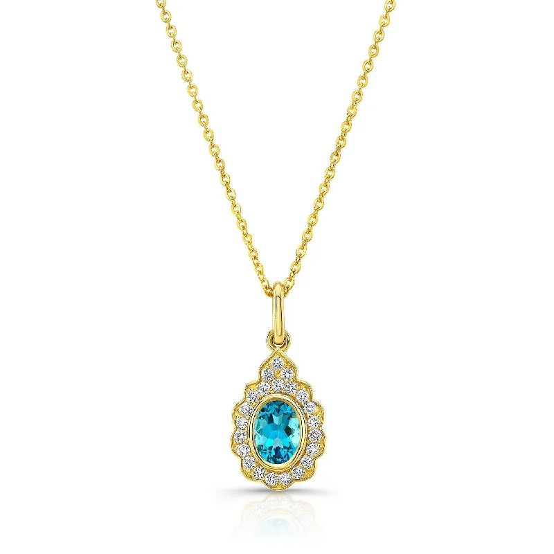 Blue Topaz And Diamond Oval Bezel Pendant With Teardrop Scallop Frame In 14k Yellow Gold (7x5mm) Adj Chain