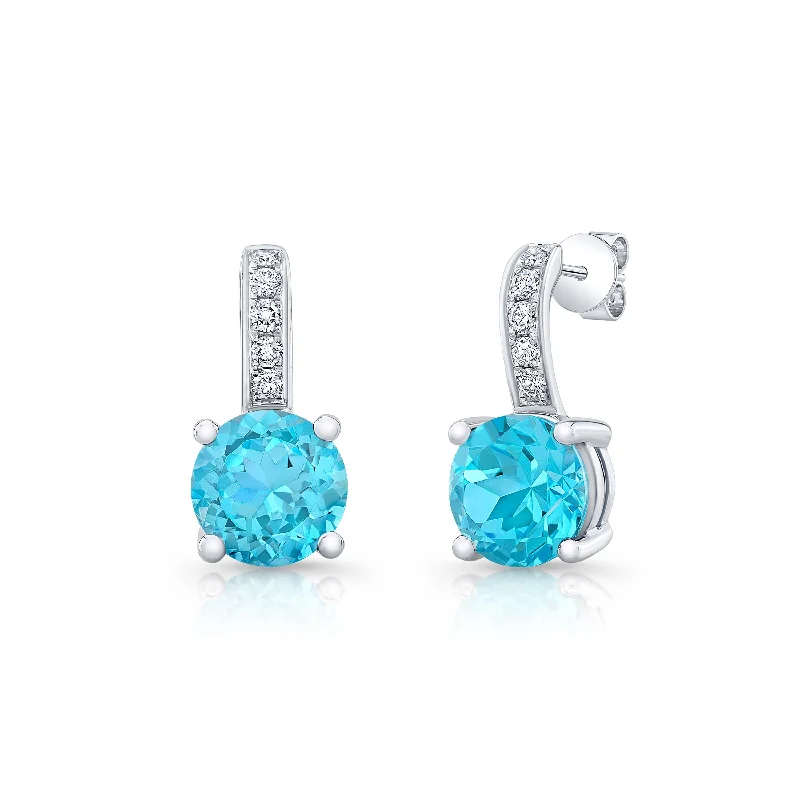 Personalized Engraved Jewelry For Meaningful Gifts Blue Topaz And Diamond Round Drop Earrings In 14k White Gold Personalized Engraved Jewelry For Meaningful Gifts Blue Topaz And Diamond Round Drop Earrings In 14k White Gold