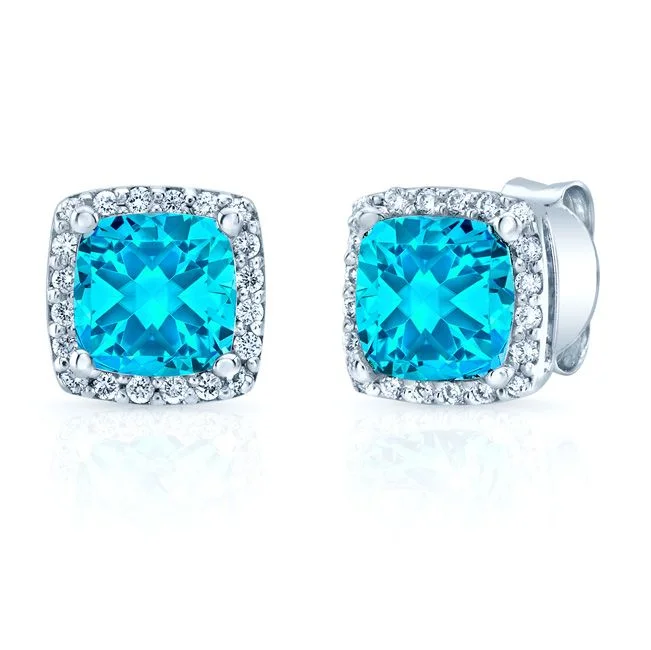 Blue Topaz And Diamond Square Halo Earrings In 14k White Gold