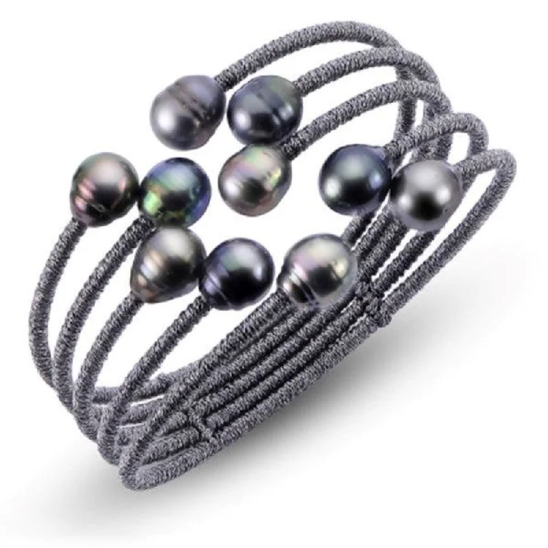 Dark Grey Cord Bangle w/ 8-9mm Tahitian Pearls Cuff Bracelet