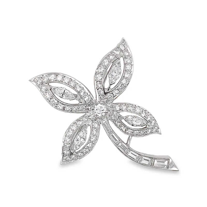 Estate Platinum Four-Leaf Flower Diamond Pin