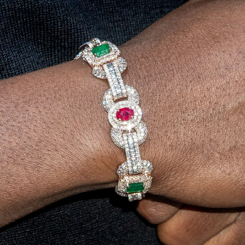 High End Jewelry - Diamond Iced Out Ruby & Emerald Bracelet