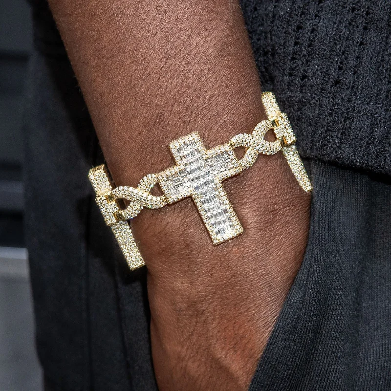 High End Jewelry - Iced Out Diamond Baguette Cross Bracelet