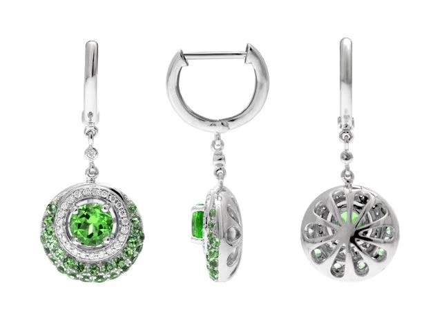 Peridot And Diamond Dangle Disk Earrings In 14k White Gold