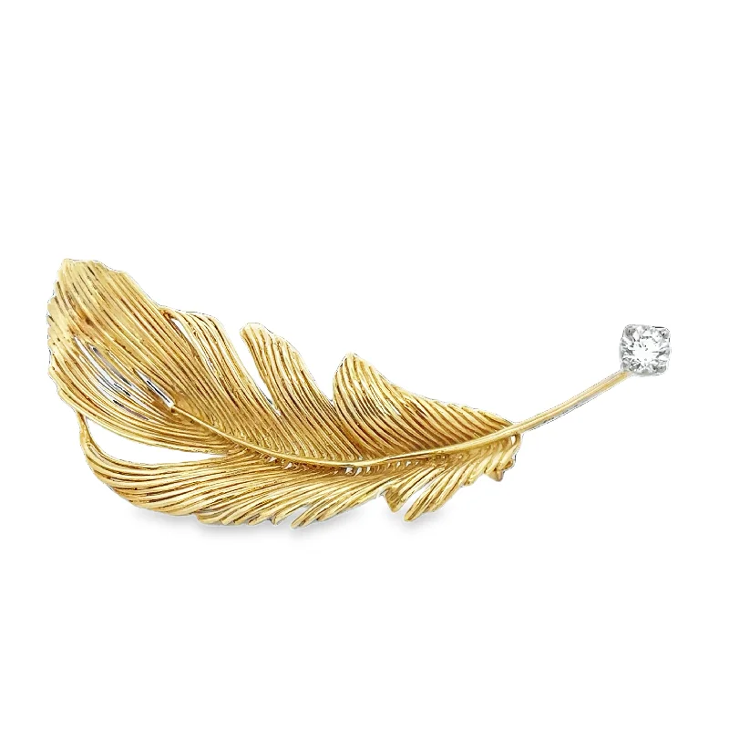 Vintage Textured Diamond Leaf Brooch in 18k Yellow Gold